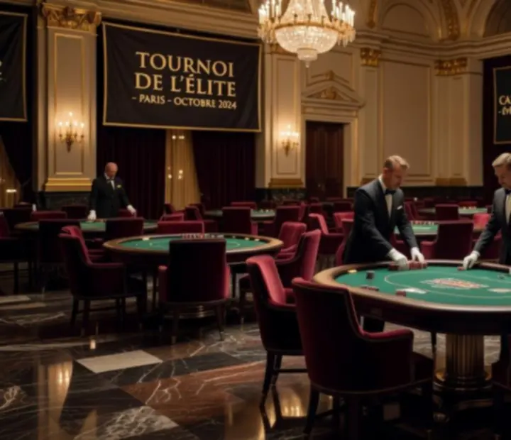 Salle de tournoi de poker française avec tables alignées prêtes pour un grand événement live.