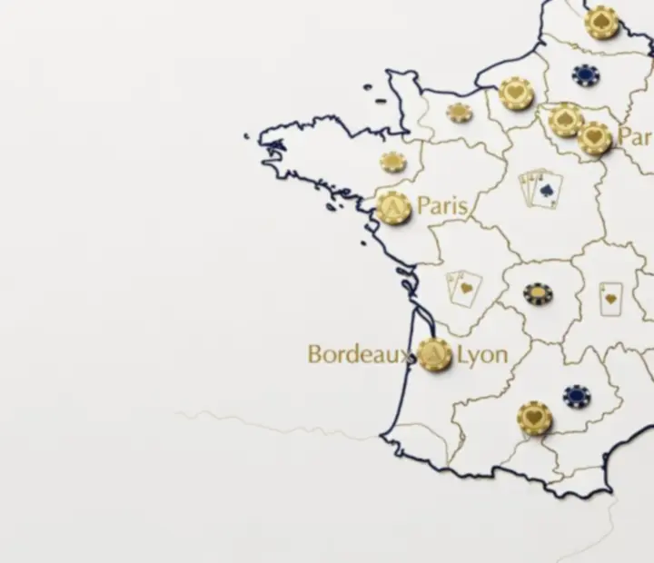 Carte éditoriale de la France illustrant les principales villes accueillant des tournois de poker live.