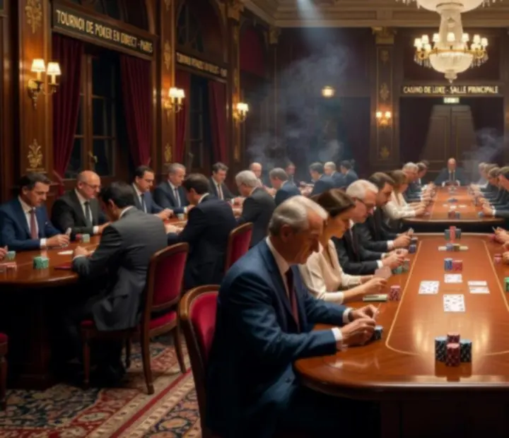 Vue panoramique d'une salle de tournoi de poker live avec des dizaines de tables en action.