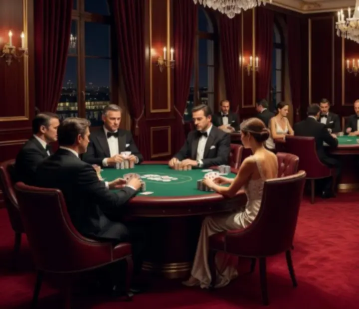 Vue cin&eacute;matographique d'une grande salle de poker fran&ccedil;aise pr&ecirc;te &agrave; accueillir un tournoi