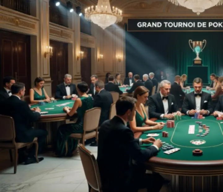Vue cinématographique d'une salle de tournoi de poker en France, avec tables éclairées et joueurs concentrés.