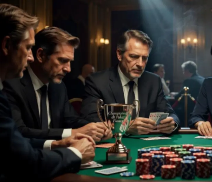 Table finale d'un tournoi de poker live avec une lumière cinématographique